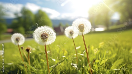 Dandelion Meadow. White dandelions illuminated by the evening sun  blurred background  Sunset or sunrise.