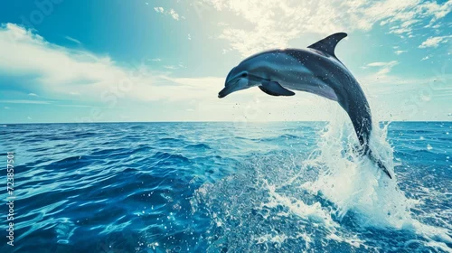 Obraz A happy dolphin jumping high above the crystal clear water.