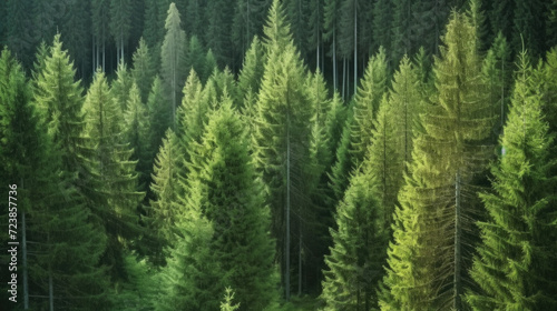 Aerial view of coniferous forest. Pine trees in the summer forest .