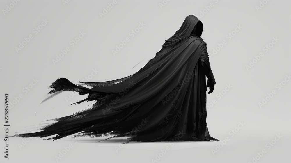 Scary figure in hooded cloak. A dark and sinister figure in a hood isolated on white background. Scary figure in hooded cloak. A dark and sinister figure in a hood isolated on white background.