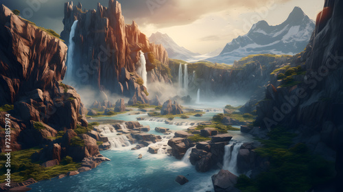Mountain river flows through a fantasy landscape gorge. a big blue lake in the middle of the mountains. fabulous nature, amazing seascape. illustration,,Waterfall Landscape Painting in Nature Backgro
 photo