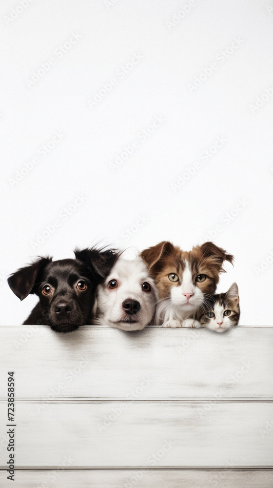 Group of cats and dogs in front of a white background. Studio shot .