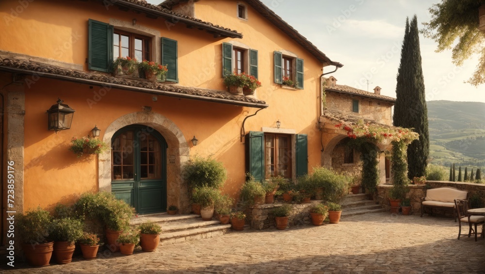 Italian style ancient home with windows and plants. 
