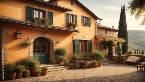 Italian style ancient home with windows and plants.  © Arman