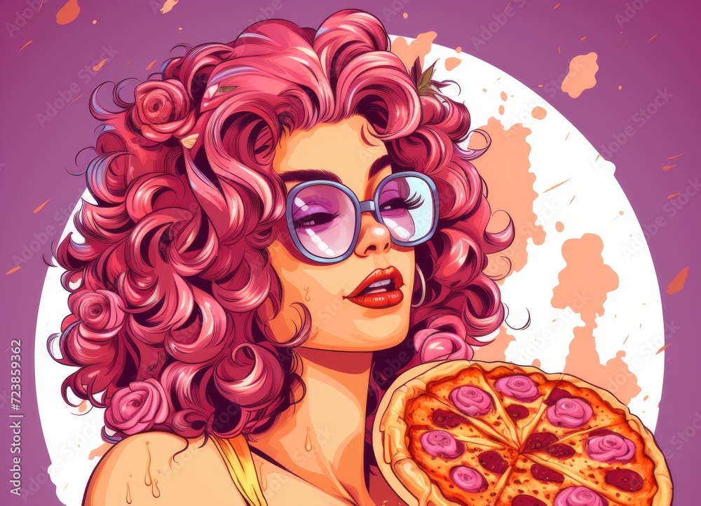 Curly-Haired Woman with Stylish Sunglasses and Pizza