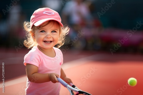 Toddler girl tennis player holding racket in hand © Danko