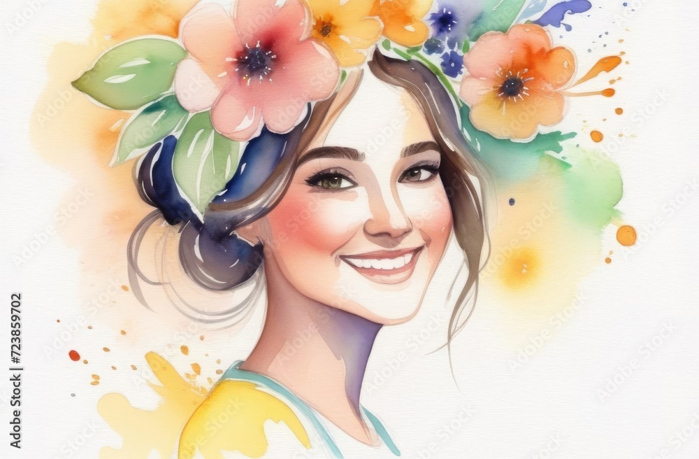 Watercolor drawing of a smiling girl with flowers in her hair on a light background Watercolor drawing of a smiling girl with flowers in her hair on a light background
