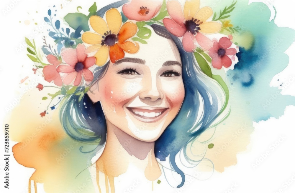 Watercolor drawing of a smiling girl with flowers in her hair