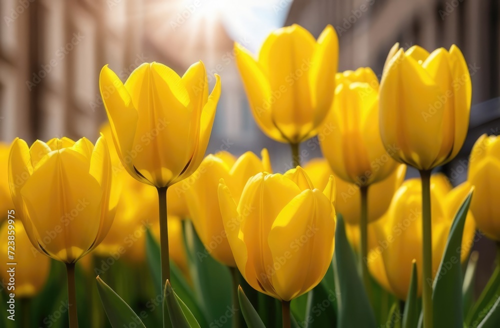 Obraz premium A flowerbed of yellow tulips against the backdrop of a city with sun rays