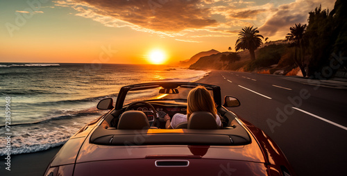 Woman driving convertible cabriolet car on beach at beautiful sunset.Woman driving convertible car on the beach at sunset