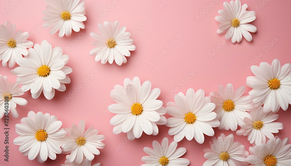 white daisy flowers. daisy flower border on light pink background top view. daisy flower on pink background bird's eye view. daisy flowers isolated on pink for spring time. Mother's Day flowers