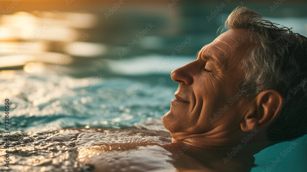 Fototapeta premium Mature man relaxing in jacuzzi. 
