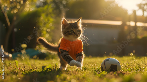 Action photograph of cat wearing a orange t-shirt playing soccer Animals. Sports