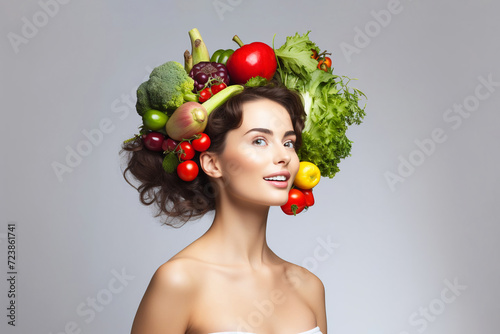 young woman with unique headdress made from fresh vegetables. healthy eating, fashion and beauty
