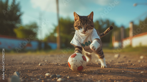 Action photograph of cat wearing a white t-shirt playing soccer Animals. Sports © MadSwordfish