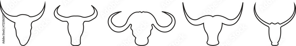 Bull head black vector collection line. Abstract bull head with horns icon set isolated on transparent background. Elegance drawing art buffalo cow ox bull head logo design inspiration. - obrazy, fototapety, plakaty 