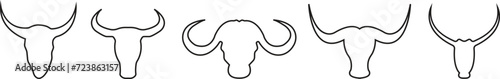 Bull head black vector collection line. Abstract bull head with horns icon set isolated on transparent background. Elegance drawing art buffalo cow ox bull head logo design inspiration.