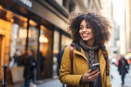 Portrait of beautiful young woman walking in the city holding phone, happy Young woman using smartphone walking through city stree photo