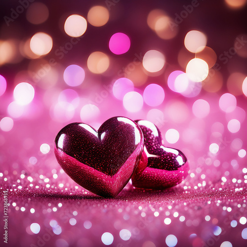 "Dual Hearts Sparkling on Pink Glitter Against a Shiny Background, Conveying a Whimsical Valentine's Day Concept Full of Radiance and Romantic Sparkle."