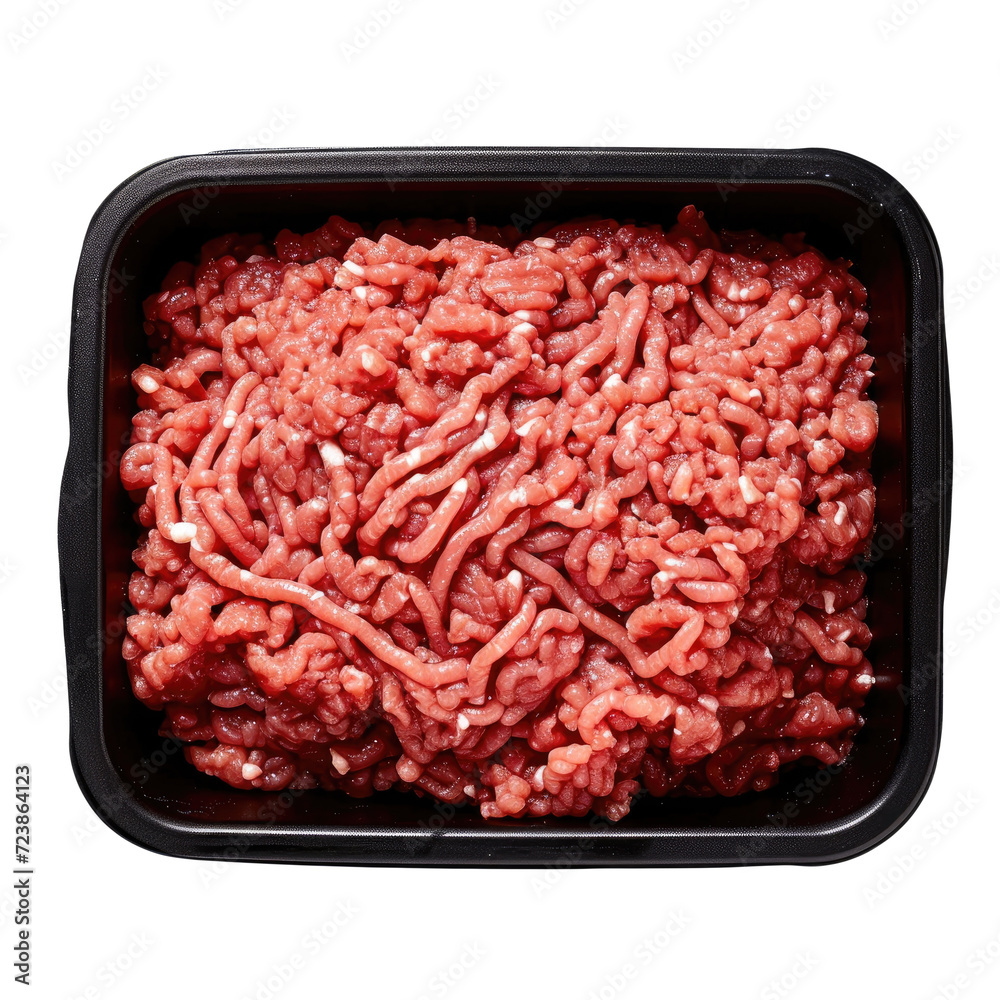Raw beef mince or ground beef in plastic tray. Isolated on a Transparent background Raw beef mince or ground beef in plastic tray. Isolated on a Transparent background