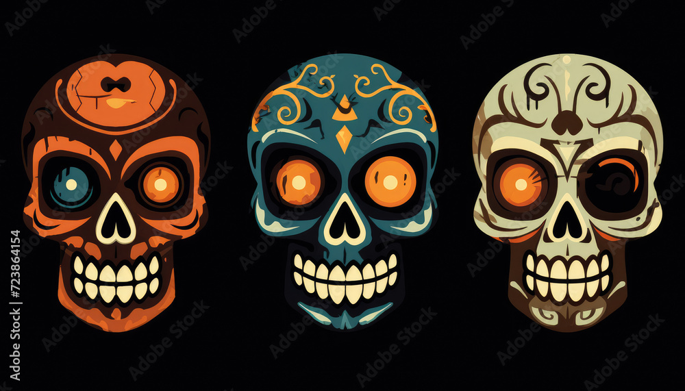 Three colorful skulls on a dark background