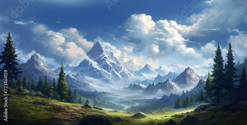Fantasy landscape with mountains, forest and blue sky. Digital painting. © Kashif Ali 72