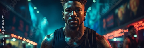 African muscular athlete man against the background of the stadium and bokeh lights. Portrait of a handsome man with dark skin. Concept: hobby and sports activity with group competition
