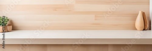 Blurry white light fills the empty room with a wooden interior, showcasing a modern window, food display, and design texture on the top counter. The wall space features a wooden tabletop, white.