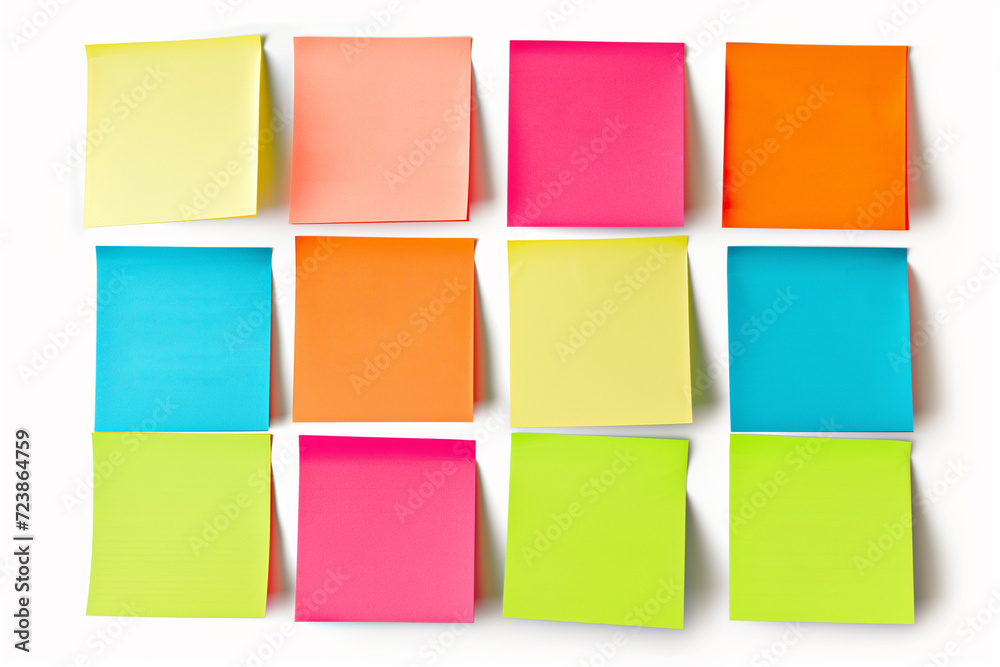 Colorful Set of sticky notes isolated on copy space white background, Empty blank note papers stick on white notice board, collection of abstract sticky paper sheets, colorful paper wallpaper concept