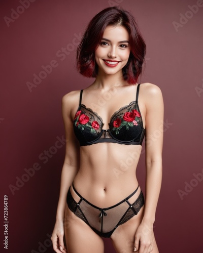 A model with red hair and a black lingerie set with red flowers on it.