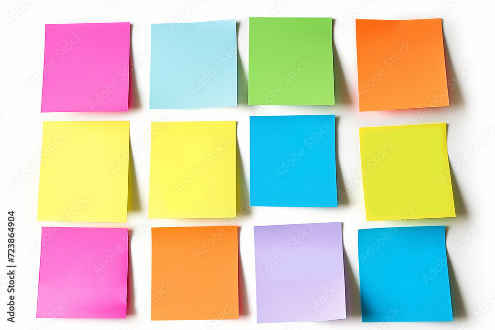Colorful Set of sticky notes isolated on copy space white background, Empty blank note papers stick on white notice board, collection of abstract sticky paper sheets, colorful paper wallpaper concept