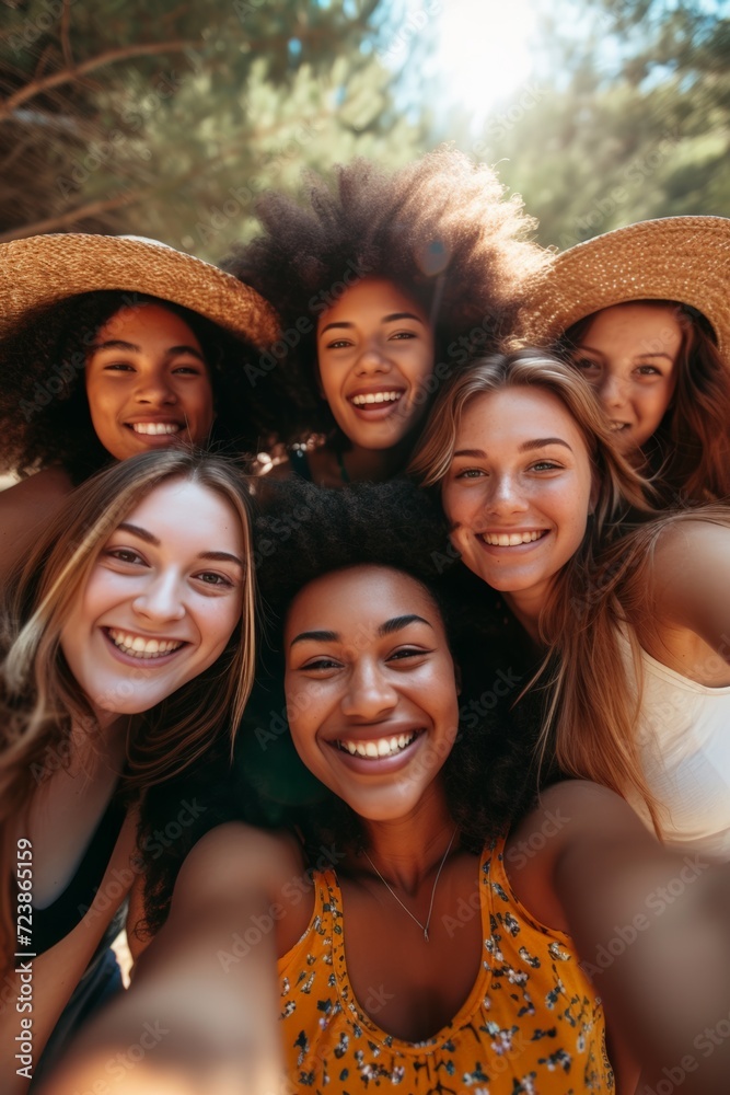 Summer Friends Group Selfie on Sunny Hillside Summer Friends Group Selfie on Sunny Hillside