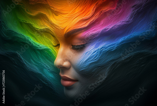 Generative AI image of an abstract portrait of a woman with a rainbow colored hair and face