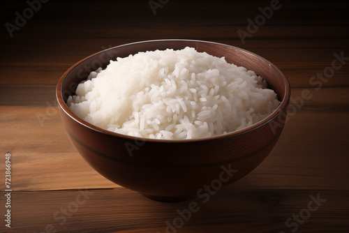 Rustic bowl of cooked white rice on the wooden table