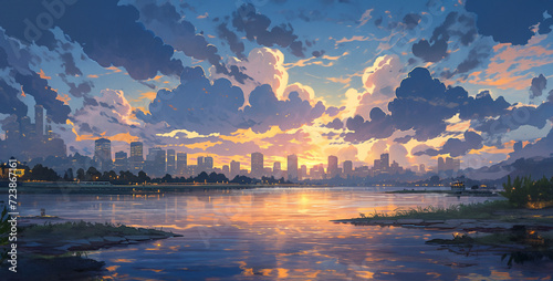 Beautiful sunset over the river and the city. 3d rendering, sunset on the river in the city. 3d rendering.