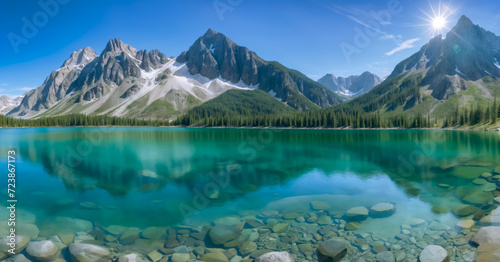 A crystal clear lake surrounded by mountains and pine trees. photo