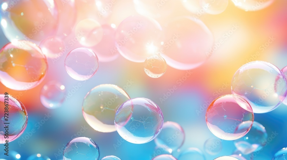 An iridescent air bubble on a background with a gradient. A lot of bubbles are flying in a chaotic manner. An iridescent air bubble on a background with a gradient. A lot of bubbles are flying in a chaotic manner.