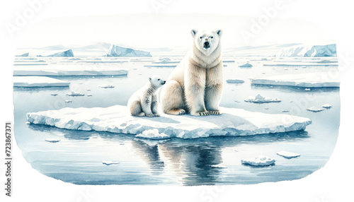 Polar bear with its cub on a drifting ice floe in the Arctic. International polar bear day.World Wildlife Day. Melting Glacier.Climate change concept and rising sea levels.Mother's day.