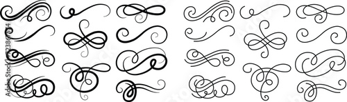 Black line calligraphic vintage swirl icon set. Classic antique typographic filigree curls. Elegant retro Ink hand drawn swashes. Christmas ornate wedding invitation. Victorian style flourish scroll. photo