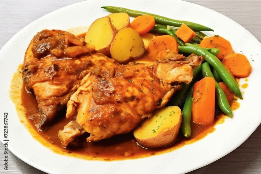 chicken curry with green chili, peas, tomato, potato, carrot pieces, green chili served on white background chicken curry with green chili, peas, tomato, potato, carrot pieces, green chili served on white background