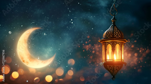 Arabic lantern on the background of the night sky with the moon, Ramadan
