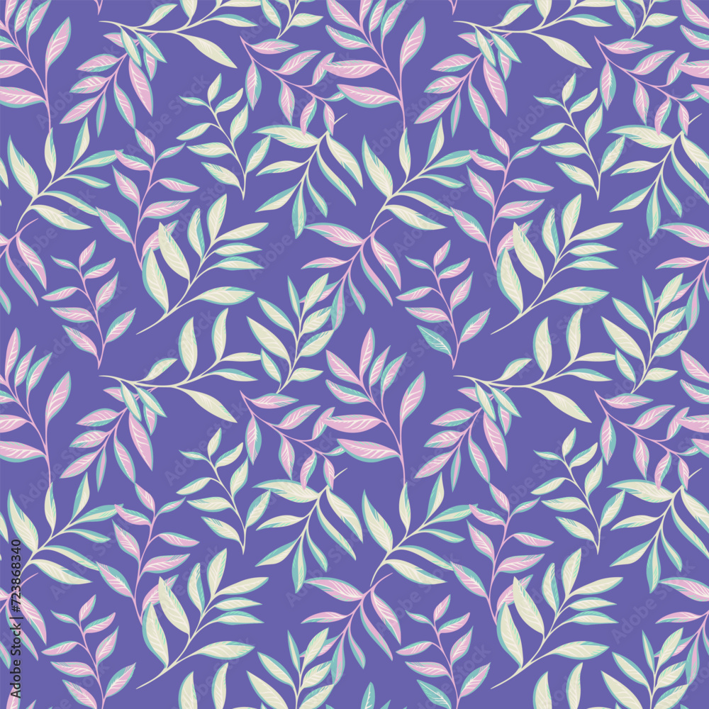 Fototapeta premium Trendy pastel leaves branches seamless pattern on a violet background. Abstract stylized tropical floral printing. Vector drawn illustration stems leaf. Template for design, textile, fashion, print