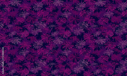Vibrant burgundy silhouettes shape flowers seamless pattern on a dark purple background. Vector hand drawn sketch. Brush textured floral printing. Template for textile, surface design, fabric, fashion