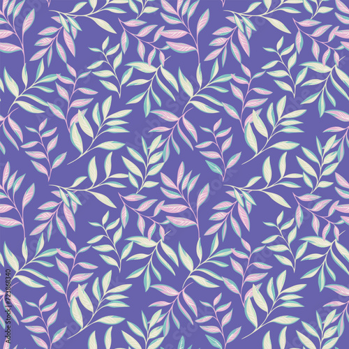 Trendy pastel leaves branches seamless pattern on a violet background. Abstract stylized tropical floral printing. Vector drawn illustration stems leaf. Template for design, textile, fashion, print