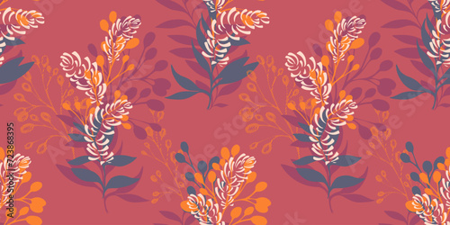 Colorful seamless pattern with bouquets branches with shapes leaves and spots. Vector hand drawn illustration. Simple creative stylized floral stems printing on a orange background.