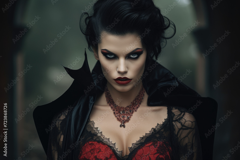 Woman in vampire dress and make up for halloween party Woman in vampire dress and make up for halloween party