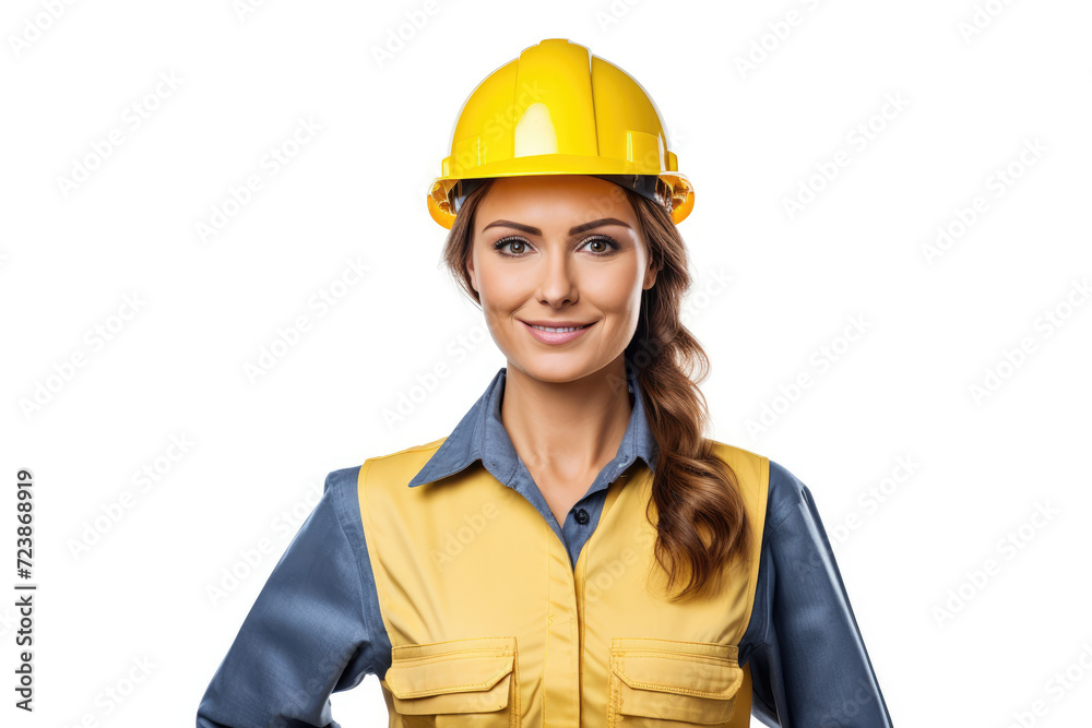 Woman worker in yellow safety helmet , isolated white background Woman worker in yellow safety helmet , isolated white background