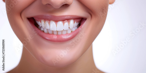Smiling woman with braces showcasing healthy teeth and lips in a close-up dental image
