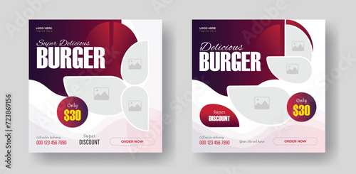 Burger social media square size banner design for your fast food restaurant menu business promotion, delicious burger food menu post layout design with gradient shapes. 