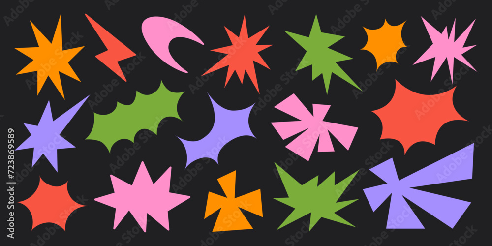 Abstract set colorful retro funky shapes on a black background. Trendy geometric cosmic starburst forms. Vector illustration in cartoon style 90s, 00s Abstract set colorful retro funky shapes on a black background. Trendy geometric cosmic starburst forms. Vector illustration in cartoon style 90s, 00s